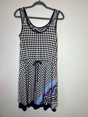 Sharon Max Navy Cream Polka Dot Tank Mini Dress Stretch Jersey Drawstring A-Line